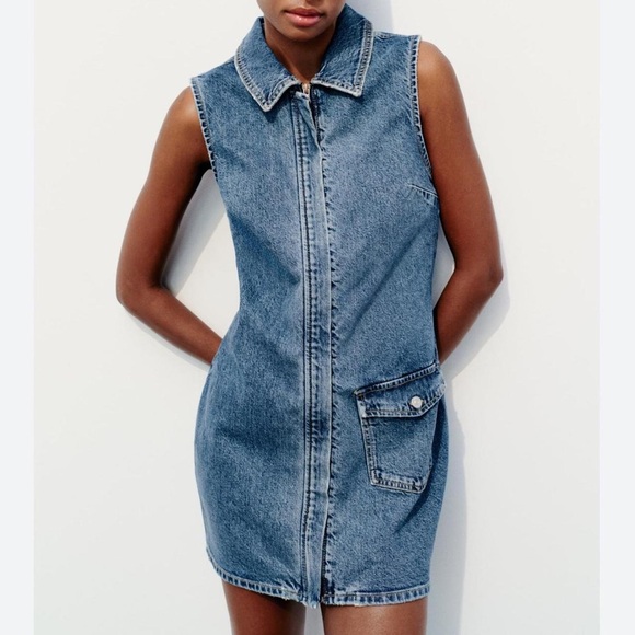 Zara (L) Blue Denim Jean Zip Up Mini Dress- Sleeveless, Collared, Cargo Pocket - Picture 2 of 10
